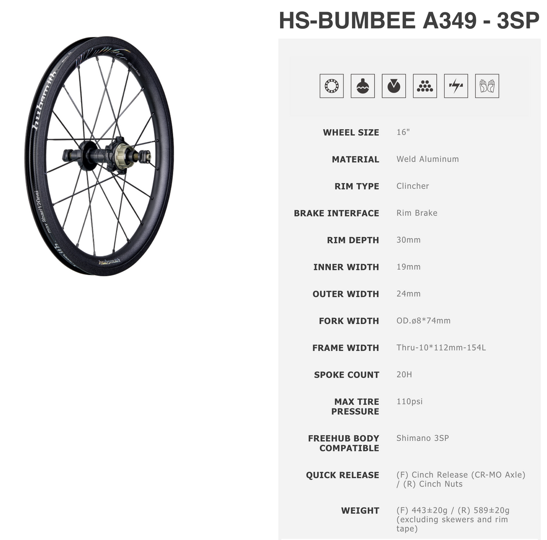 Hubsmith HS-Bumbee A349 3SP Black Wheelset for Brompton Bicycle ...